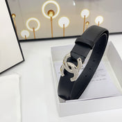 DOUBLE C BELT 30MM IN BLACK CALFSKIN WITH SHINY SILVER BUCKLE