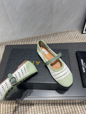 ALAIA MARY JANE FLATS WOVEN PATTERN 25S IN WHITE MIX PASTEL GREEN CALFSKIN