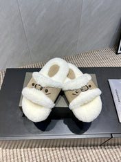 BALENCIAGA 25S SLIPPERS IN DARK BEIGE SUEDE AND WHITE WOOL