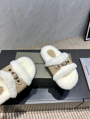 BALENCIAGA 25S SLIPPERS IN DARK BEIGE SUEDE AND WHITE WOOL
