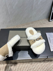 BALENCIAGA 25S SLIPPERS IN DARK BEIGE SUEDE AND WHITE WOOL