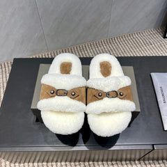 BALENCIAGA 25S SLIPPERS IN LIGHT BROWN SUEDE AND WHITE WOOL