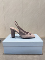 PRADA 26S LOW HEEL SQUARE TOE SLINGBACK SHOES 85MM IN TAUPE BROWN SUEDE WITH LOGO