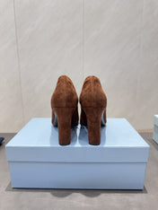 PRADA 26S SQUARE TOE HIGH HEELS 85MM IN CARAMEL BROWN SUEDE
