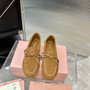 MIUMIU 26S LOAFERS IN TAN BROWN SUEDE WITH BOW