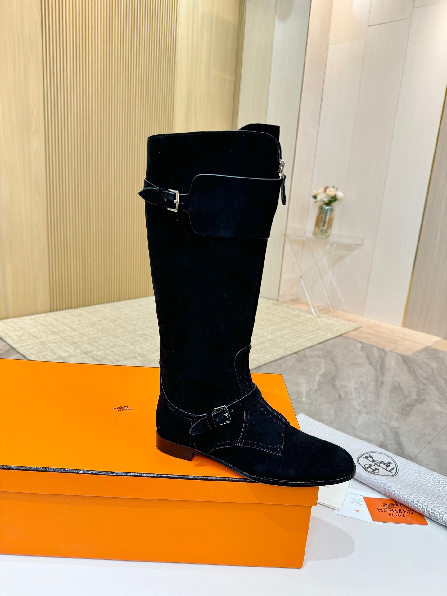 HM 25S RIDING BOOTS IN BLACK SUEDE WITH SILVER HARDWARE