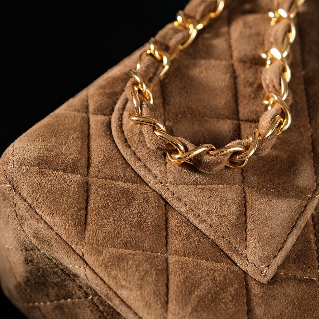 CHANEL 25S FLAP BAG 20 IN BROWN SUEDE WITH GOLD HARDWARE