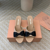 Nude Beige Mid - Heels With Black Bow Calfskin