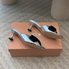 Silver Mid - Heels With Black Bow Calfskin