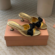 Metallic Gold Mid - Heels With Black Bow Calfskin