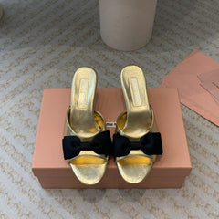 Metallic Gold Mid - Heels With Black Bow Calfskin