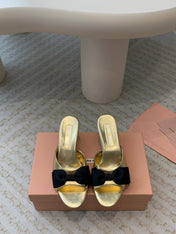 Metallic Gold Mid - Heels With Black Bow Calfskin