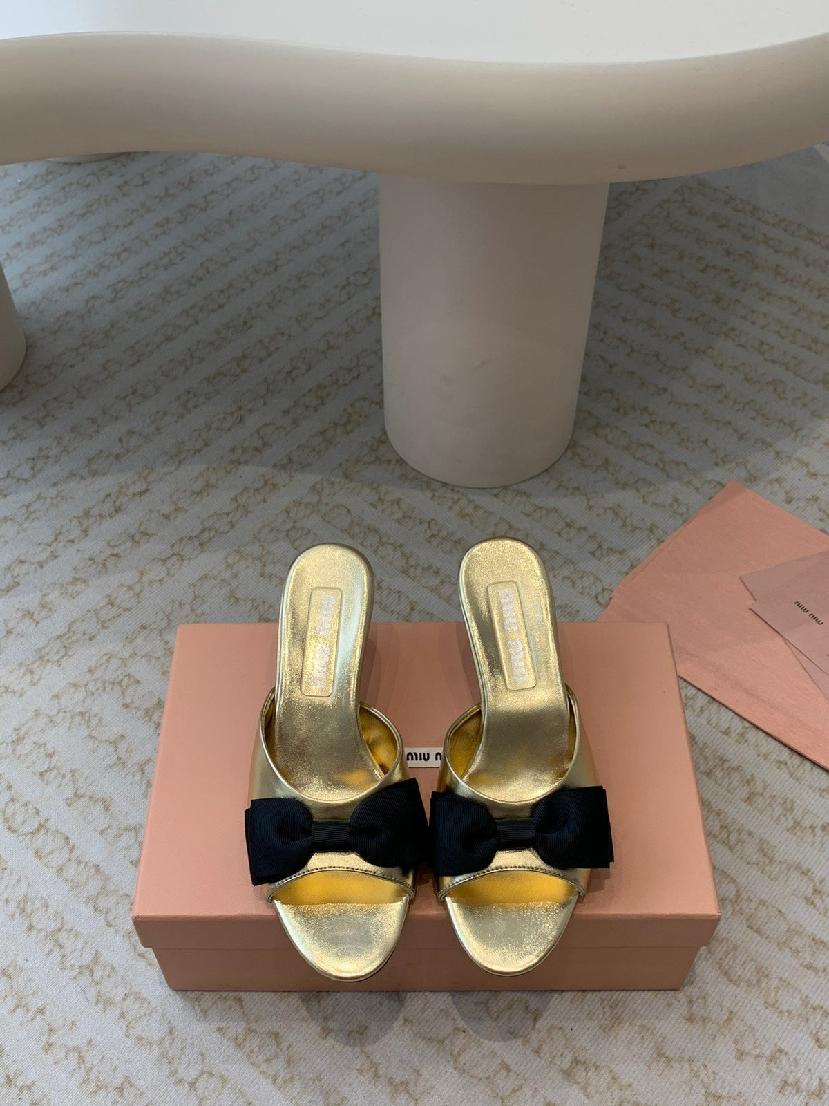 Metallic Gold Mid - Heels With Black Bow Calfskin