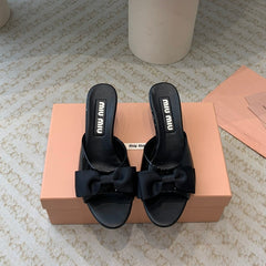 Black Mid - Heels With Black Bow Calfskin