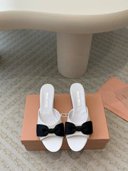 White Mid - Heels With Black Bow Calfskin
