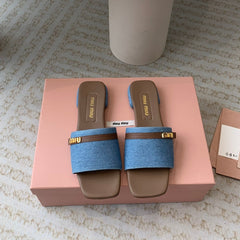 Women's Caramel Denim Slippers With Azure Blue Straps And Belt