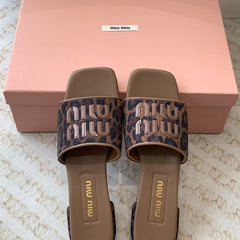 Women's Coffee Denim Slippers With Brown Straps