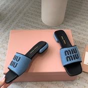 Women's Black Denim Slippers With Azure Blue Straps