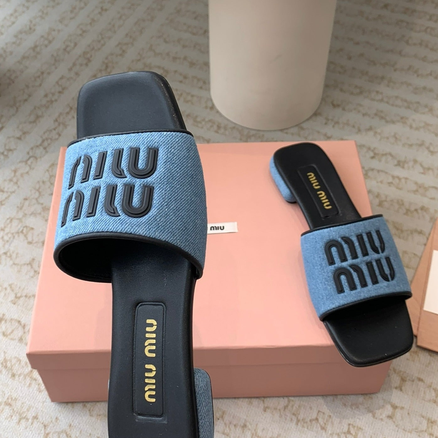 Women's Black Denim Slippers With Azure Blue Straps