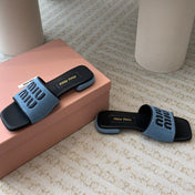 Women's Black Denim Slippers With Azure Blue Straps