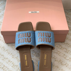 Women's Caramel Denim Slippers With Azure Blue Straps
