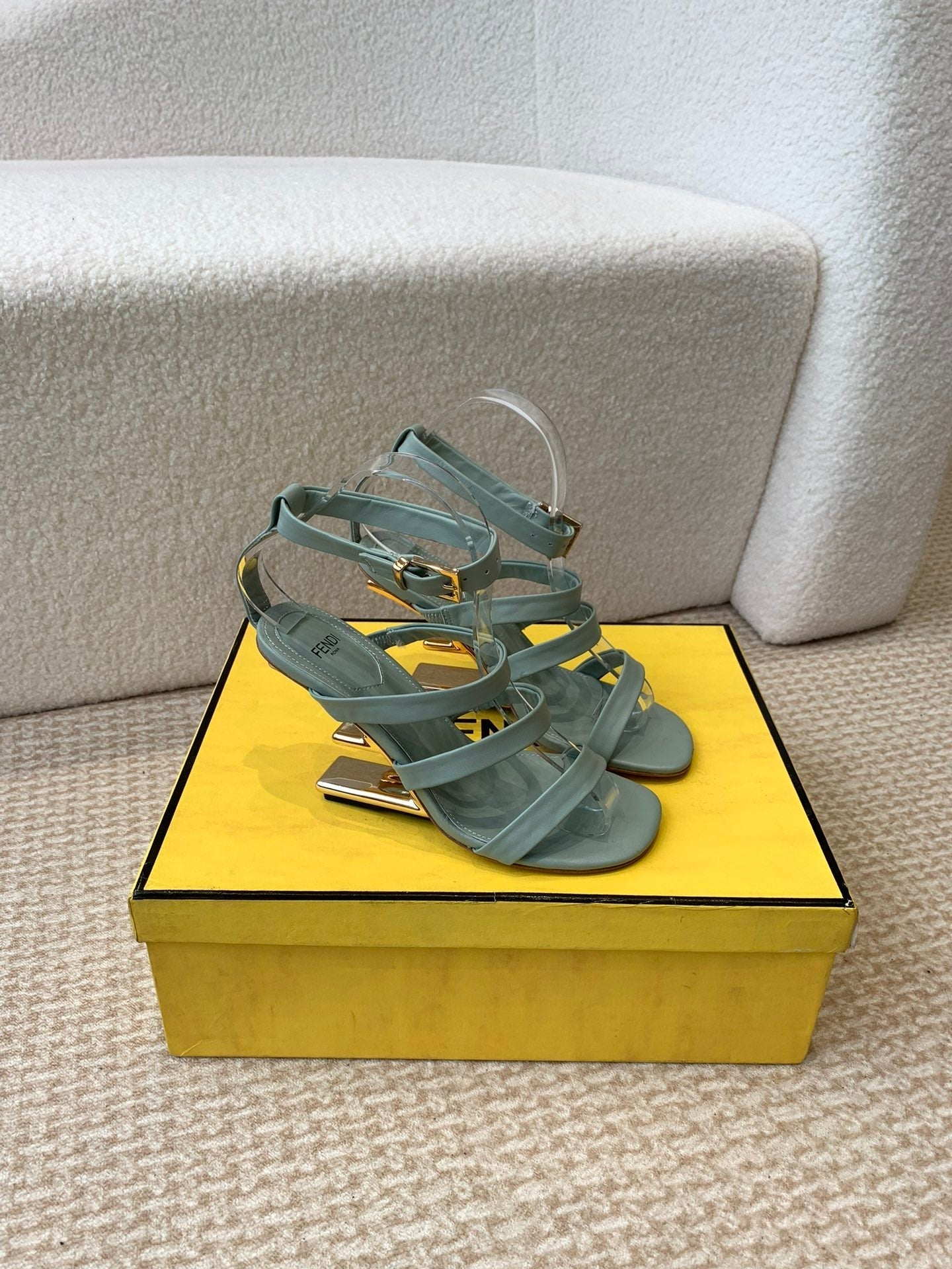FENDI HIGH SANDAL 10 CM IN SAGE GREEN CALFSKIN
