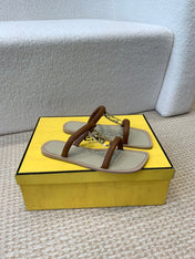 FENDI O'LOCK SLIDES BROWN CALFSKIN WITH GOLD HARDWARE