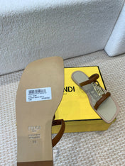 FENDI O'LOCK SLIDES BROWN CALFSKIN WITH GOLD HARDWARE