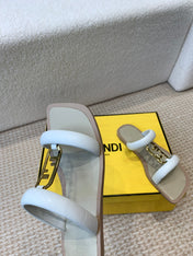 FENDI O'LOCK SLIDES WHITE CALFSKIN WITH GOLD HARDWARE