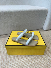 FENDI O'LOCK SLIDES WHITE CALFSKIN WITH GOLD HARDWARE