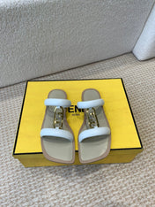 FENDI O'LOCK SLIDES WHITE CALFSKIN WITH GOLD HARDWARE