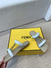 FENDI O'LOCK SLIDES WHITE CALFSKIN WITH GOLD HARDWARE