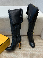 OVER THE KNEE LACE-UP HIGH BOOTS IN BLACK CALFSKIN