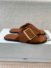 PETAL BELT FLAT SANDAL IN BRONZE BROWN CALFSKIN