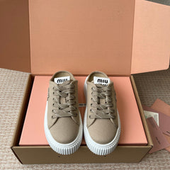 WASH SNEAKER MULES IN DARK BEIGE DENIM STRIPED LACES