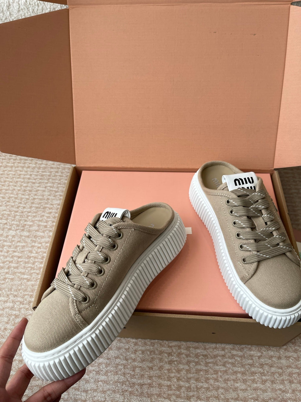 WASH SNEAKER MULES IN DARK BEIGE DENIM STRIPED LACES