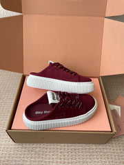 WASH SNEAKER MULES IN BURGUNDY RED DENIM STRIPED LACES