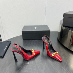 GOLD CHAIN ATTACHED HIGH SLINGBACK IN RED GLOSSY CALFSKIN