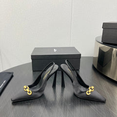 GOLD CHAIN ATTACHED HIGH SLINGBACK IN BLACK SILK