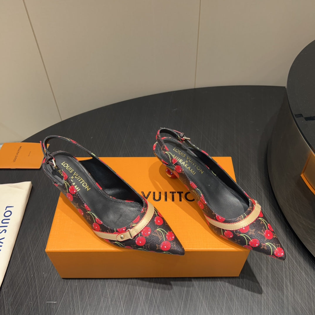 LV HIGH SLINGBACK LOGO AND CHERRY PRINT 25S 55MM IN DARK BROWN CALFSKIN