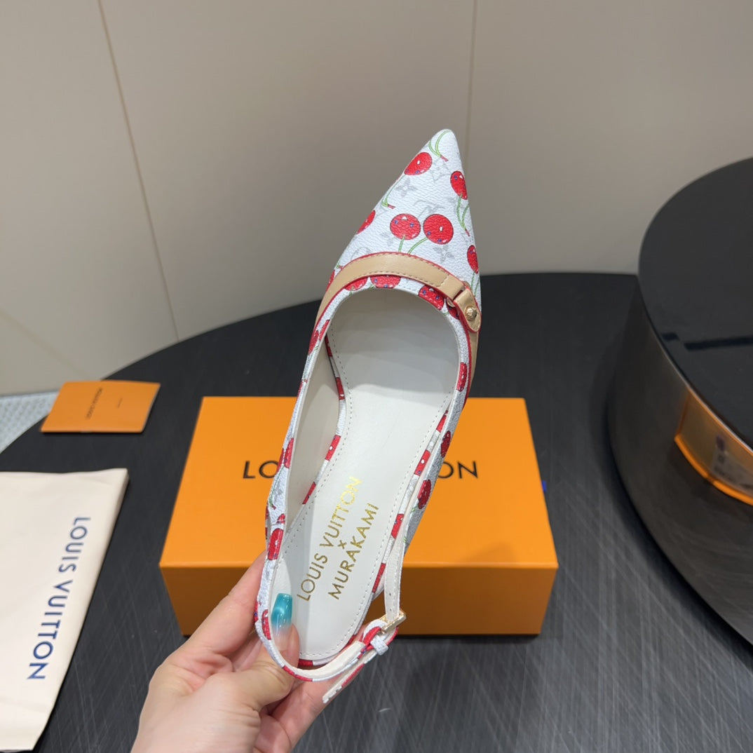 LV HIGH SLINGBACK LOGO AND CHERRY PRINT 25S 55 MM IN WHITE CALFSKIN