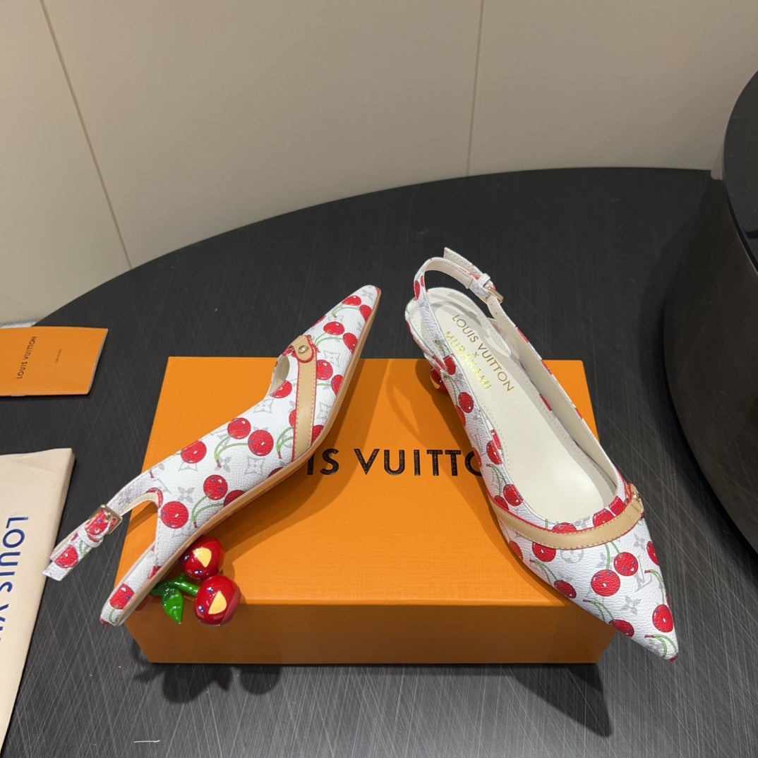 LV HIGH SLINGBACK LOGO AND CHERRY PRINT 25S 55 MM IN WHITE CALFSKIN