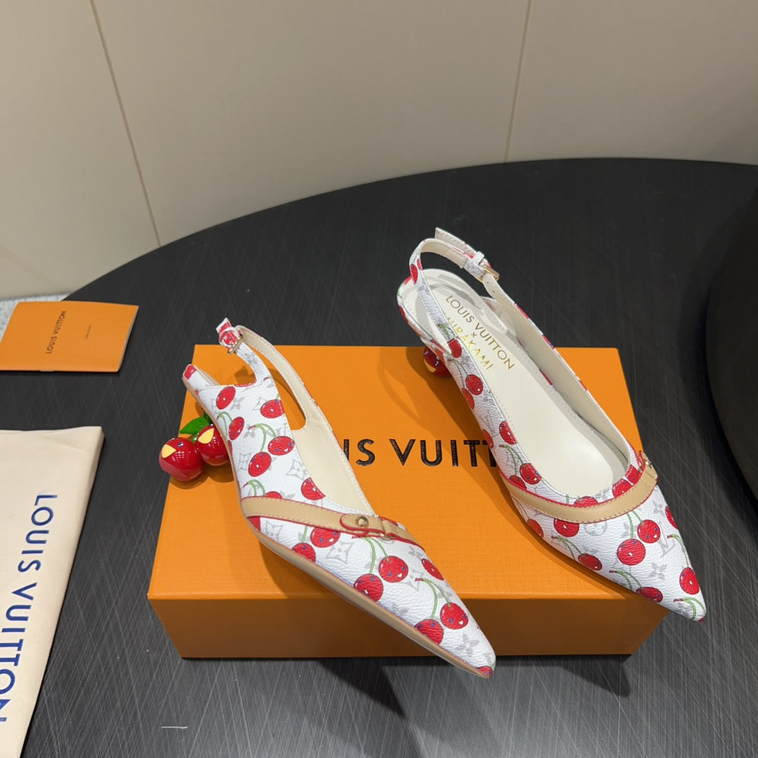 LV HIGH SLINGBACK LOGO AND CHERRY PRINT 25S 55 MM IN WHITE CALFSKIN