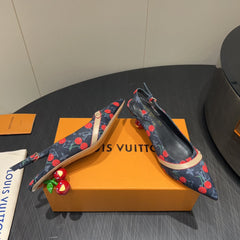 LV HIGH SLINGBACK LOGO AND CHERRY PRINT 25S 55MM IN CHARCOAL BLACK DENIM