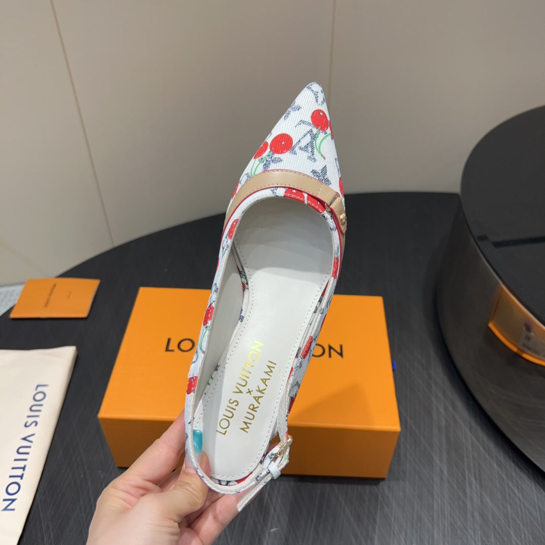 LV HIGH SLINGBACK LOGO AND CHERRY PRINT 25S 55MM IN WHITE DENIM