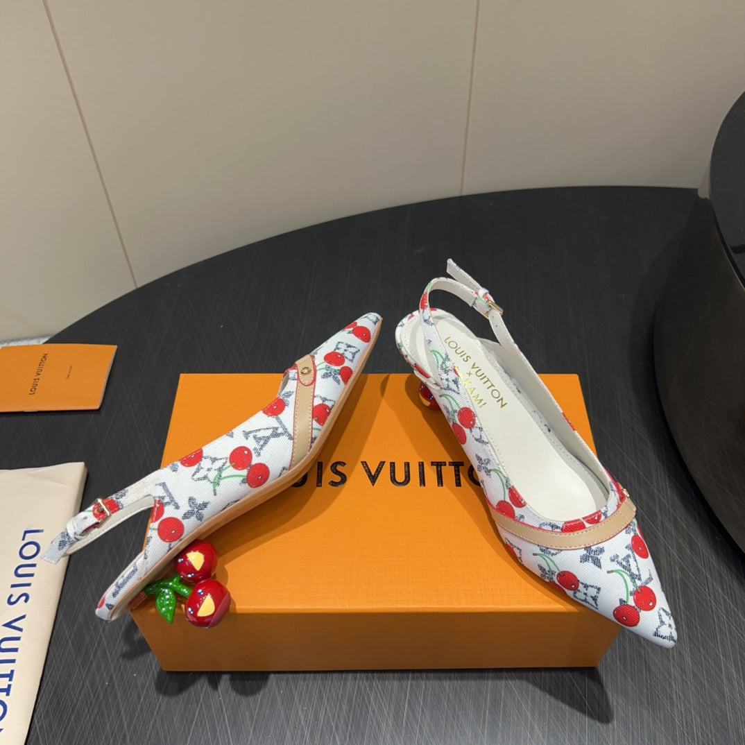 LV HIGH SLINGBACK LOGO AND CHERRY PRINT 25S 55MM IN WHITE DENIM