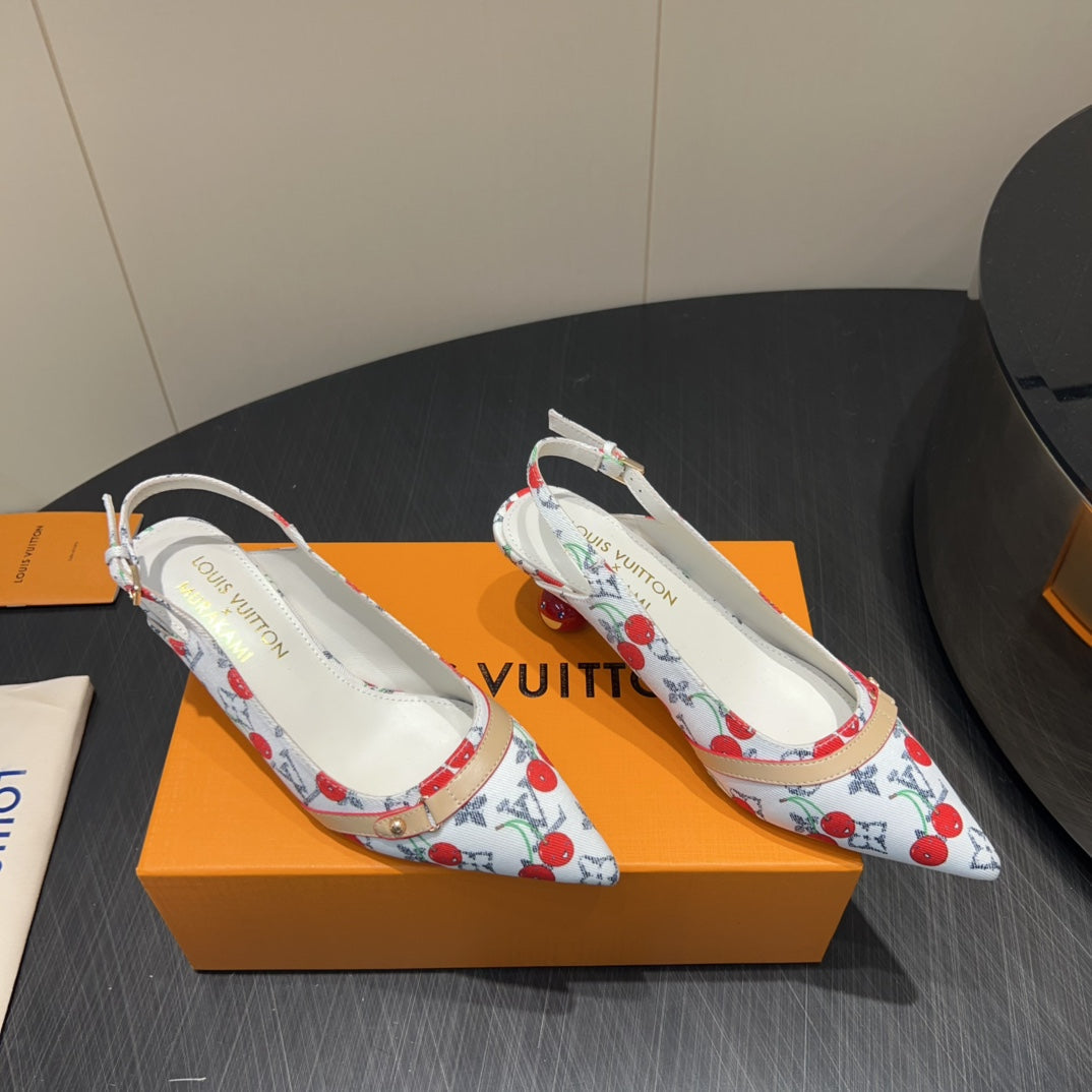 LV HIGH SLINGBACK LOGO AND CHERRY PRINT 25S 55MM IN WHITE DENIM
