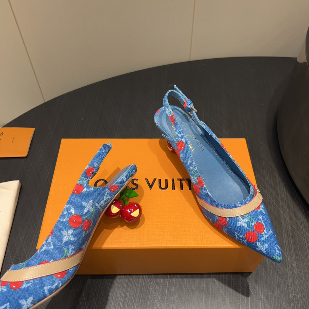 LV HIGH SLINGBACK LOGO AND CHERRY PRINT 25S 55MM IN BLUE DENIM