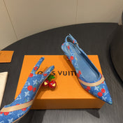 LV HIGH SLINGBACK LOGO AND CHERRY PRINT 25S 55MM IN BLUE DENIM