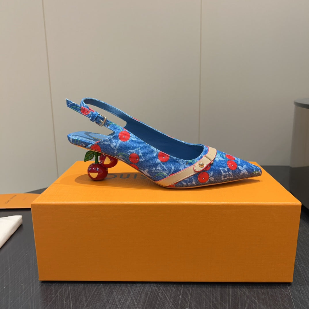 LV HIGH SLINGBACK LOGO AND CHERRY PRINT 25S 55MM IN BLUE DENIM